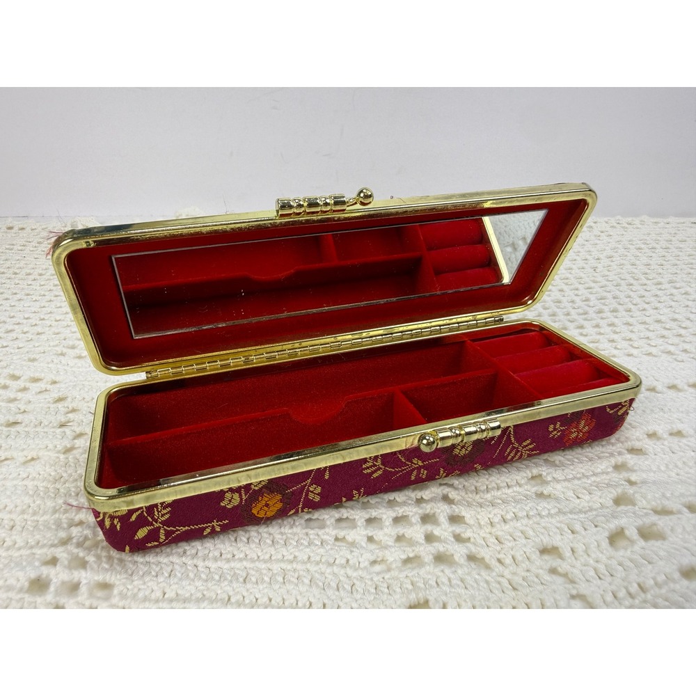 Vintage Burgundy Floral Brocade Jewelry Travel Case Mirror Kiss Lock Clasp